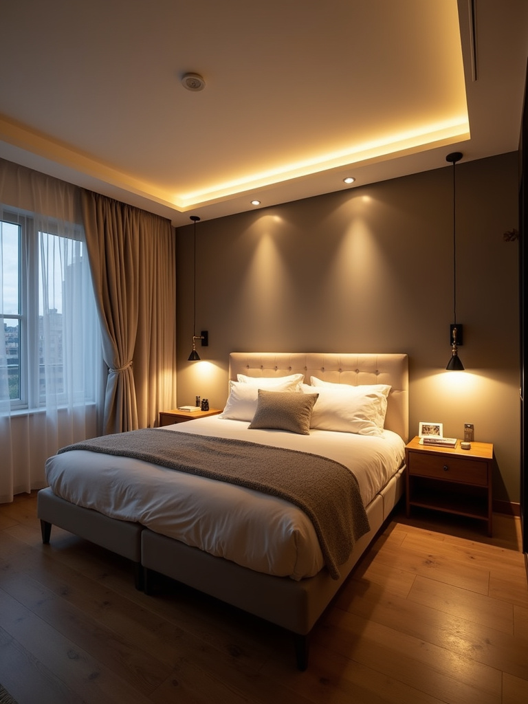 Bedroom interior demonstrating layered lighting with ambient, task, and accent light sources.
