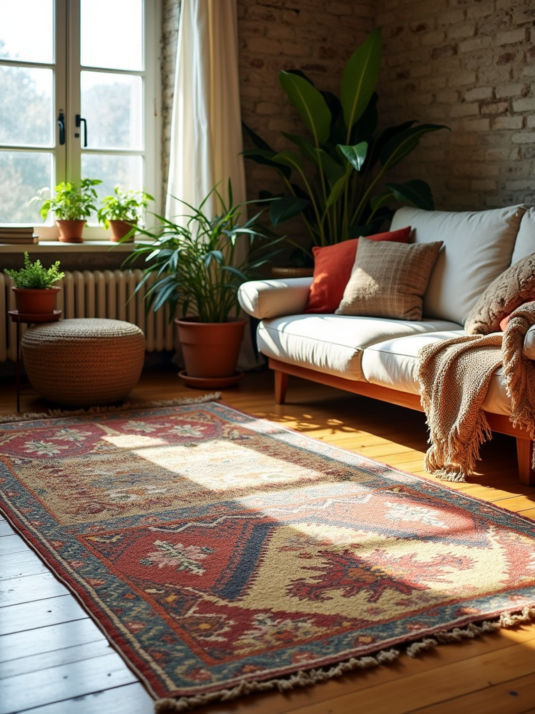 Boho living room with layered rugs: a jute base rug topped with a colorful kilim rug, creating warmth and texture.