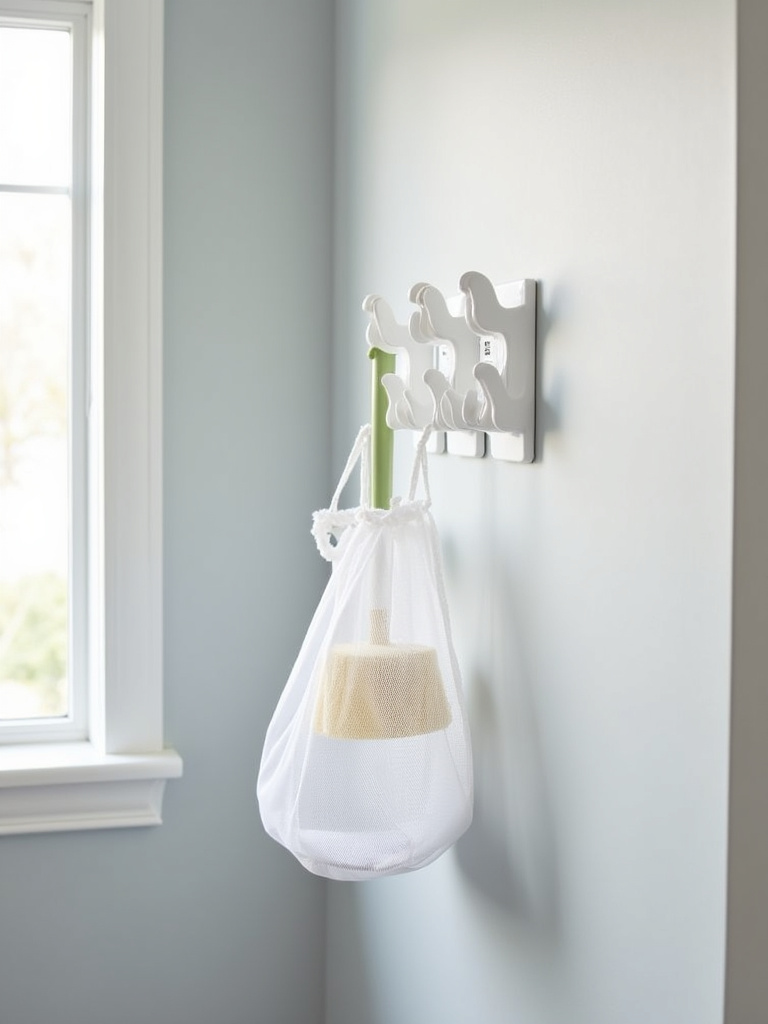 Command Hooks on a laundry room wall holding a laundry bag and cleaning brush.