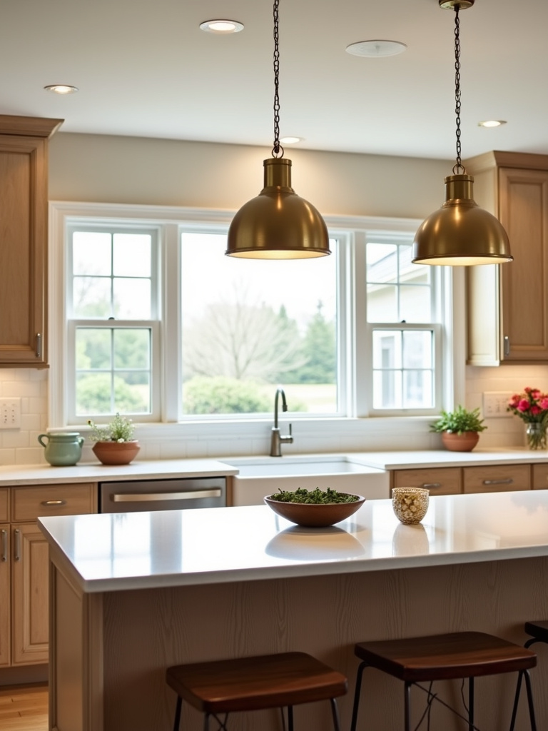 Modern kitchen island illuminated by three elegant brass pendant lights.