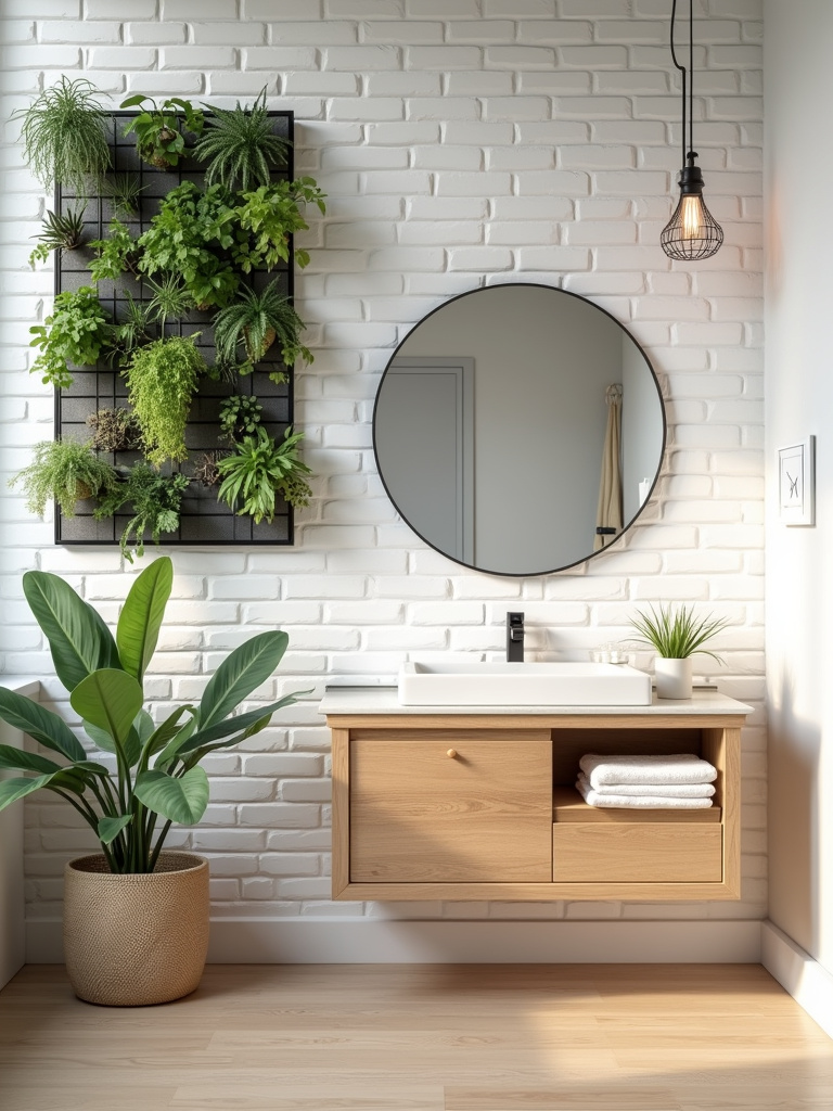 Vertical garden panel with various green plants mounted on a white subway tile wall in a modern bohemian bathroom.