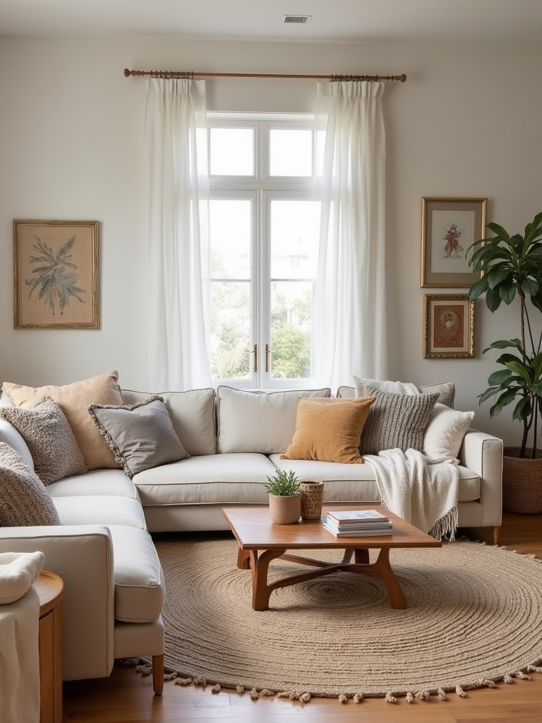Boho living room seating area with a low-slung sectional sofa styled with pillows and blankets, creating a relaxed and spacious vibe.