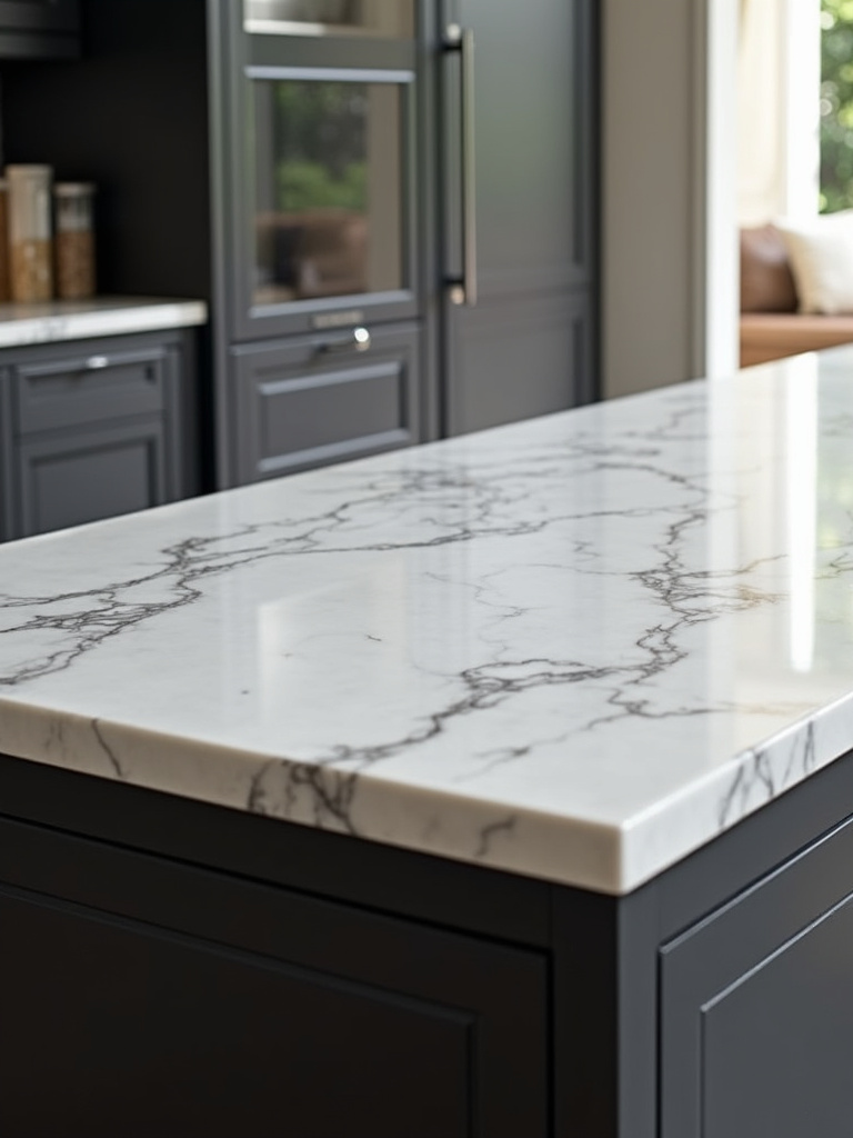 Luxurious kitchen island with a black base and a close-up view of a white marble countertop showcasing its elegant veining.