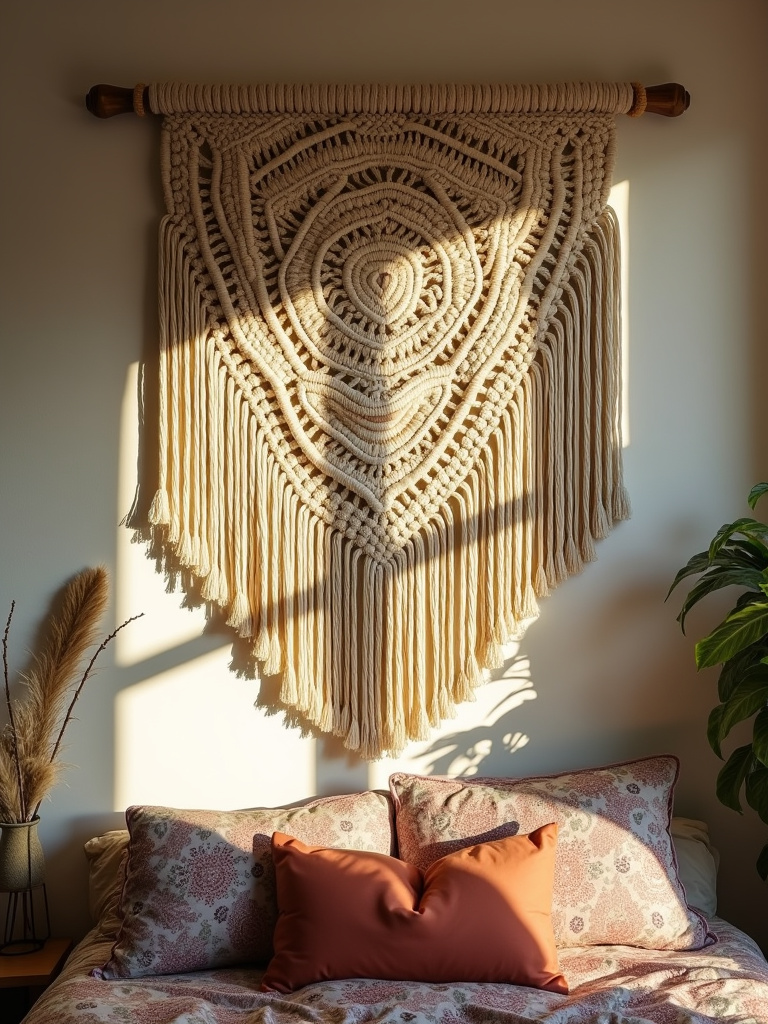 Bohemian bedroom featuring a large, textured macrame wall hanging above a bed with patterned textiles, illuminated by warm natural light and shadows.