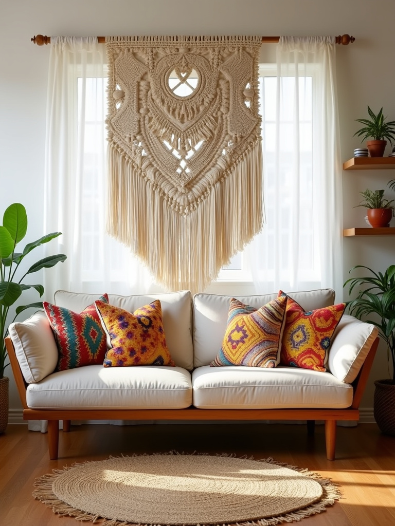 Boho living room featuring a large macrame wall hanging as a focal point above a sofa.