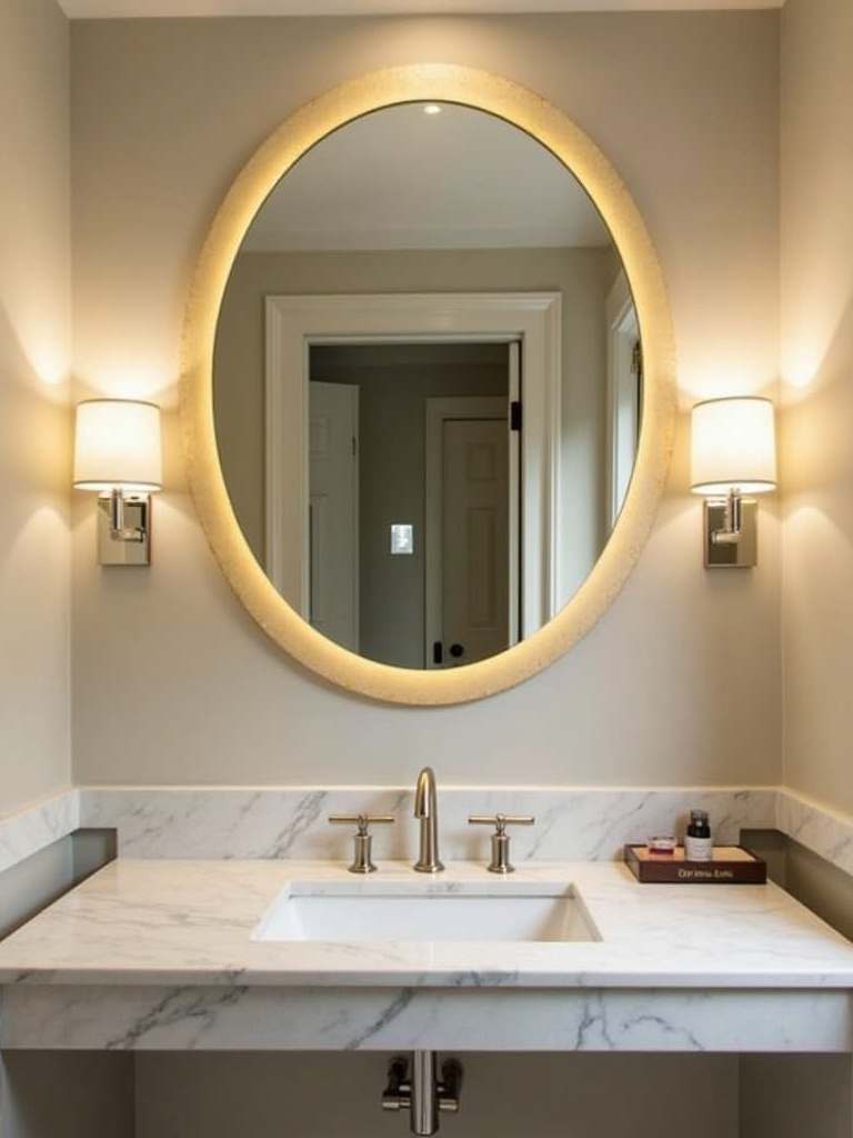 Elegant modern bathroom showcasing an oversized round mirror with a gold frame above a marble vanity, illuminated by soft sconce lighting.