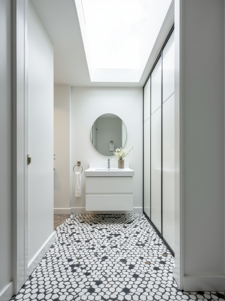 Modern bathroom with a striking geometric tile floor in a black and white hexagonal pattern, creating a visually dynamic space.