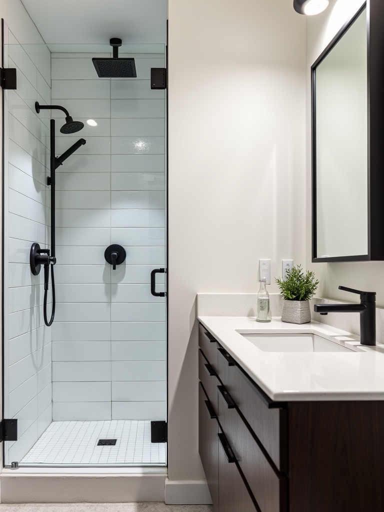 Contemporary modern bathroom showcasing bold matte black faucets and shower fixtures against white subway tile walls and a dark wood vanity.