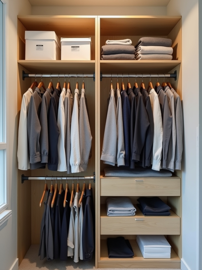 Maximized closet organization with double rods and shelves in a small bedroom closet.