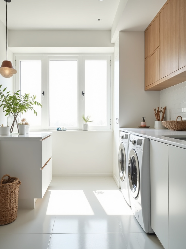 Bright white laundry room flooded with natural sunlight from a large window.