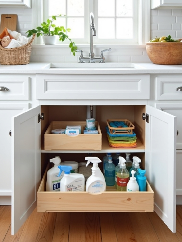 Farmhouse laundry room under-sink cabinet with pull-out organizers and door caddy, storing cleaning supplies.