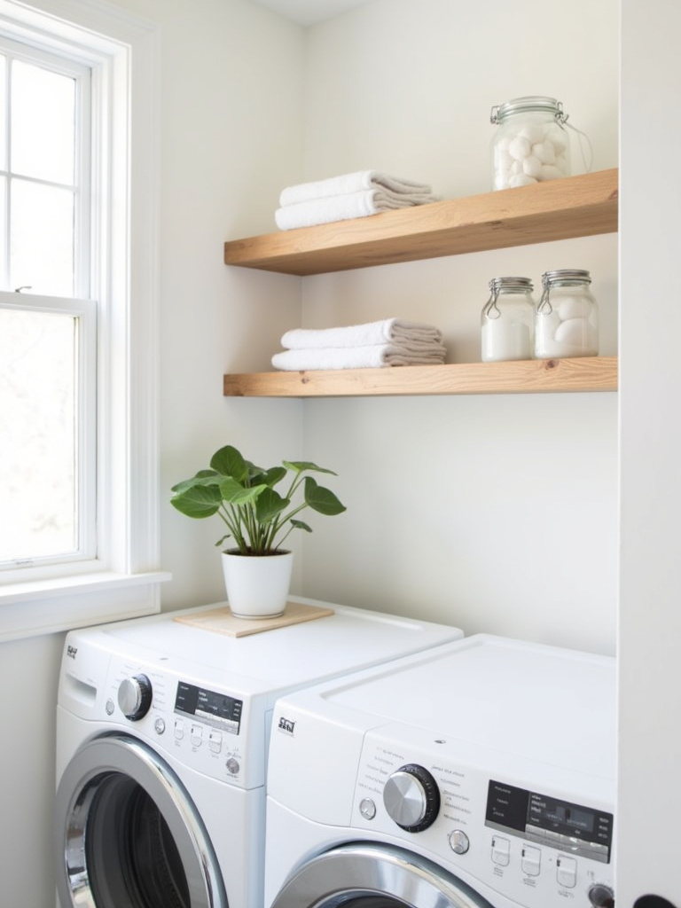 Laundry room with white floating shelves above washer and dryer, holding towels and laundry supplies.