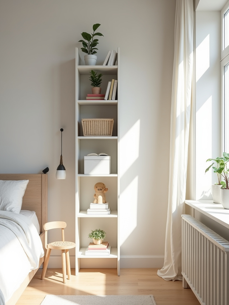 Tall, narrow white shelving unit maximizing vertical space in a bright small bedroom.