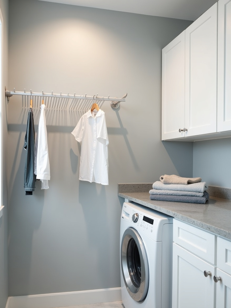 Modern laundry room featuring a wall-mounted accordion drying rack.