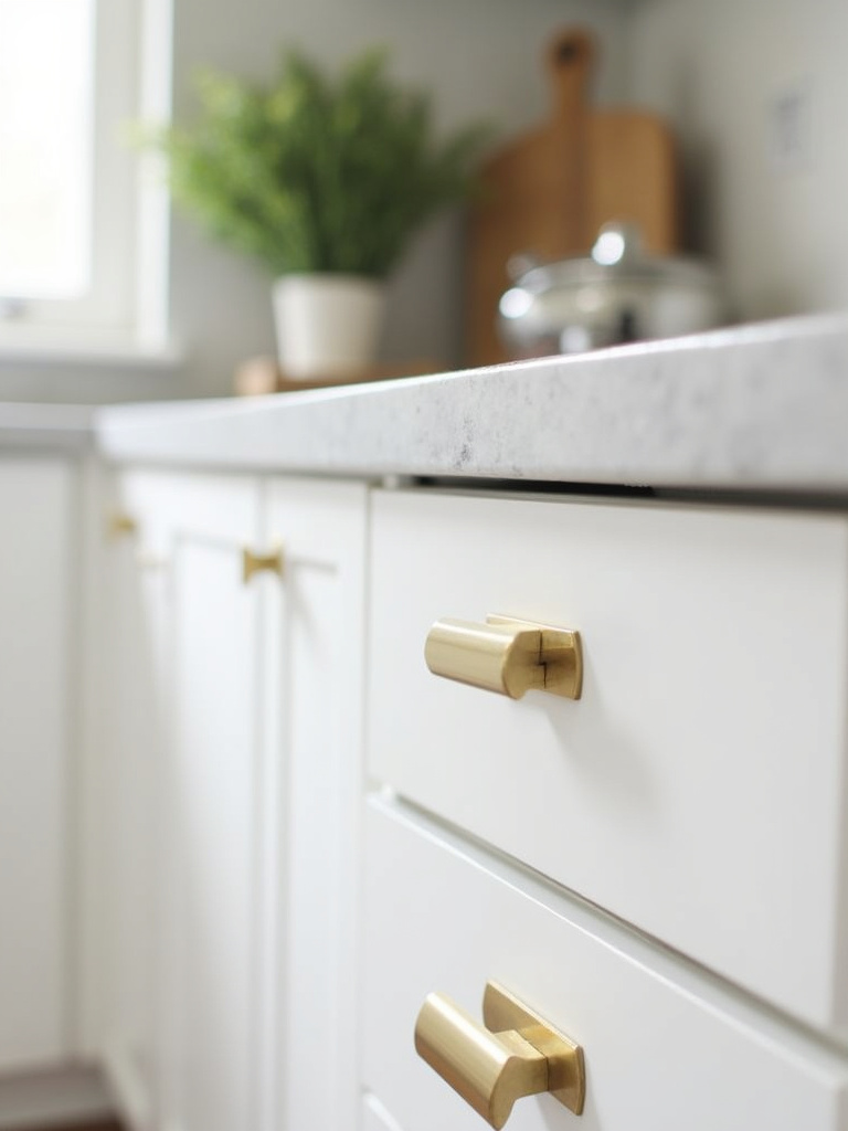 Close-up detail of brushed brass cabinet hardware in a contemporary white kitchen.
