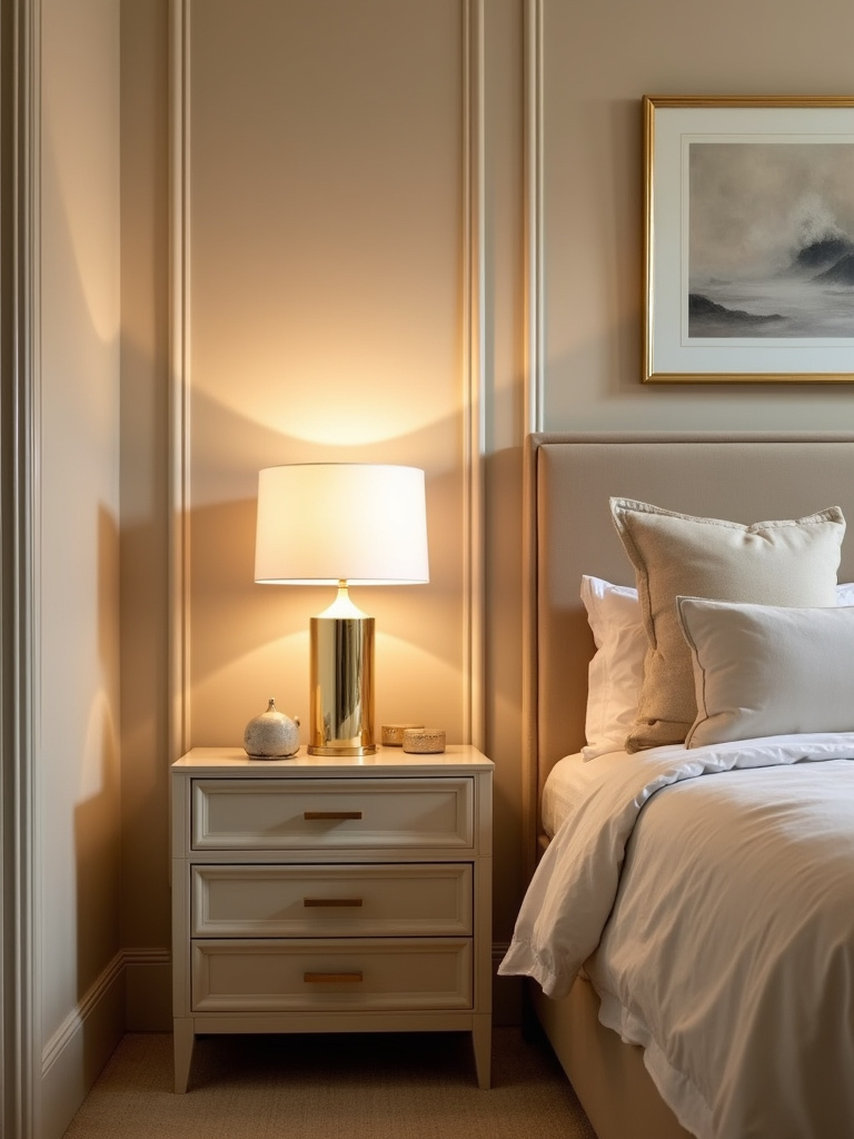 “Beige bedroom subtly elevated with gold metallic accents in lighting, frames, and hardware to add a touch of luxury and sophistication.”