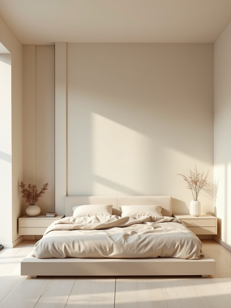 “Minimalist beige bedroom design focusing on clean lines, uncluttered surfaces, and essential furniture for a serene and spacious feel.”