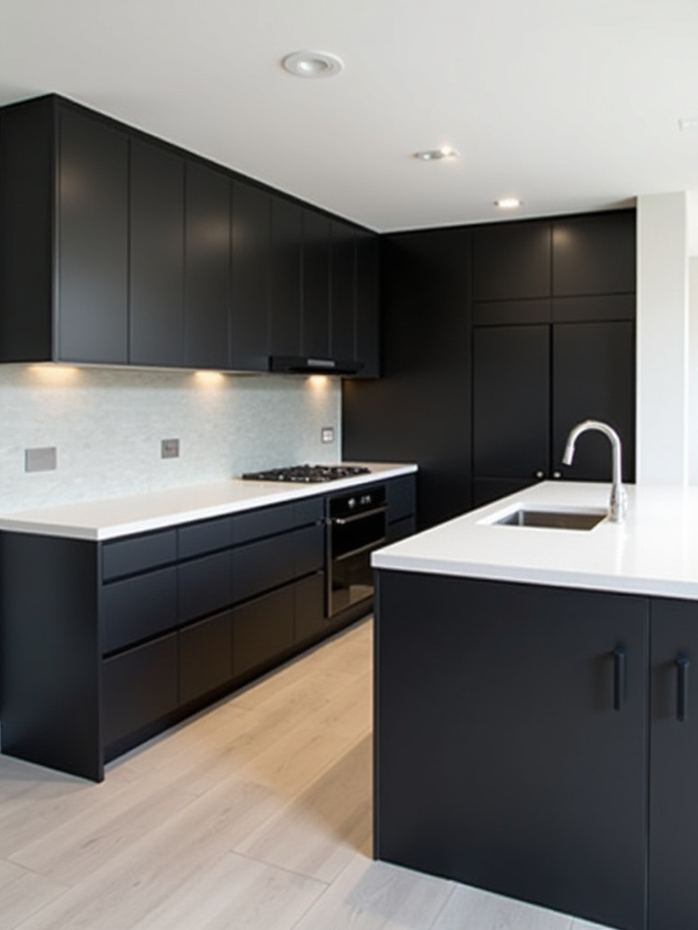 Minimalist kitchen featuring a sleek black kitchen island with handleless matte black cabinets, a white quartz countertop, and integrated stainless steel sink.