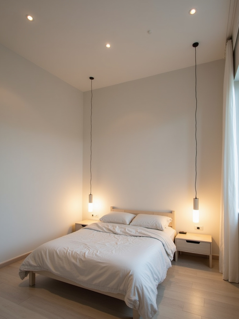 Minimalist bedroom with streamlined and functional lighting fixtures in a clean aesthetic.