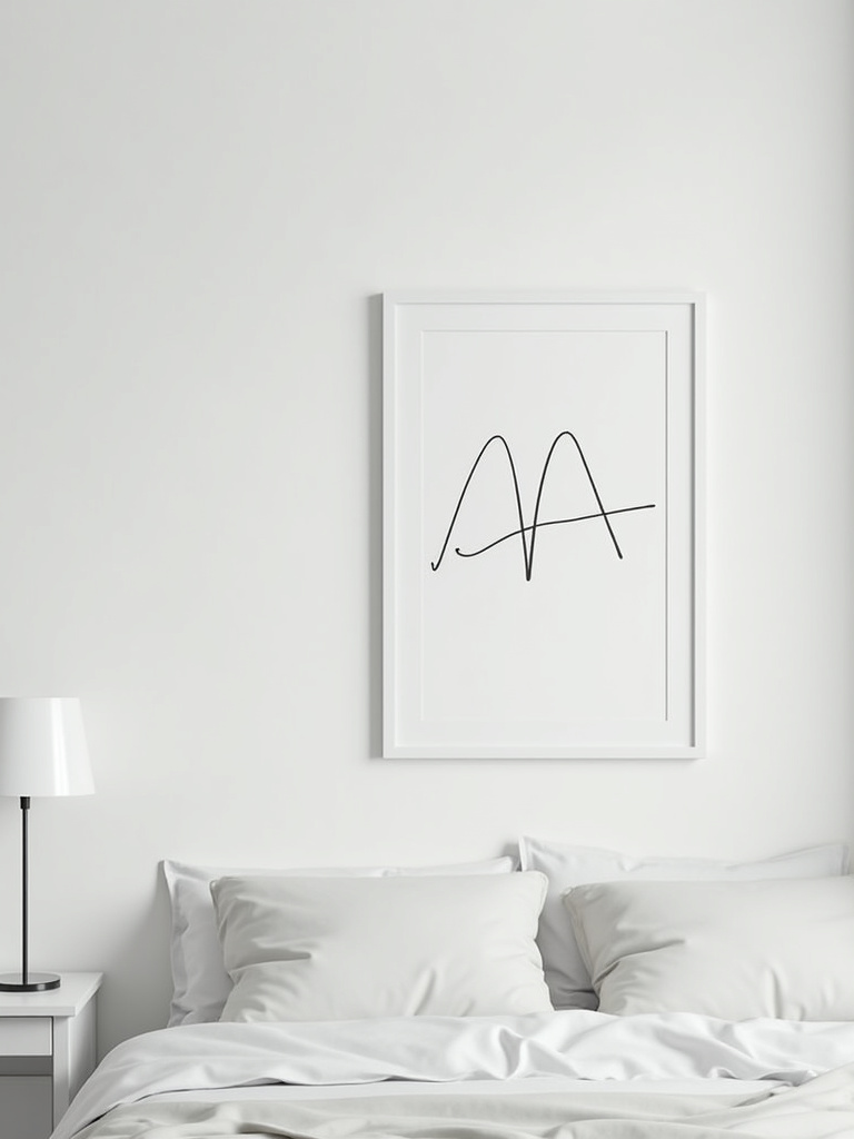 Minimalist bedroom with a framed black and white line art print hanging above a simple bedside table, illuminated by soft, even lighting.