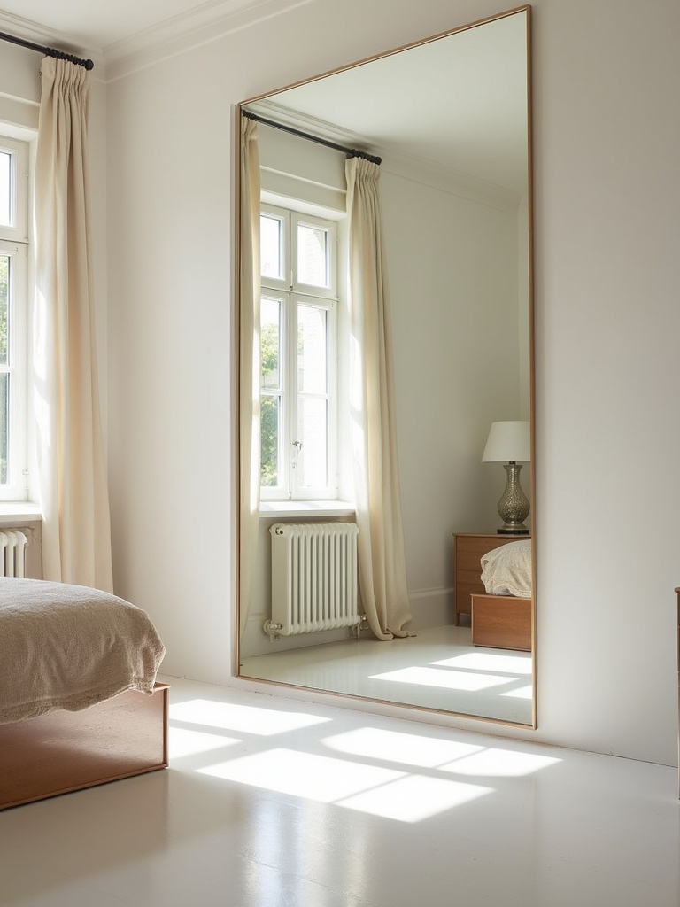 Bright bedroom with a large mirror reflecting natural and artificial light, enhancing brightness and space.