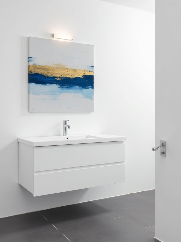 Bold blue and gold abstract painting above a modern white floating vanity in a minimalist bathroom.