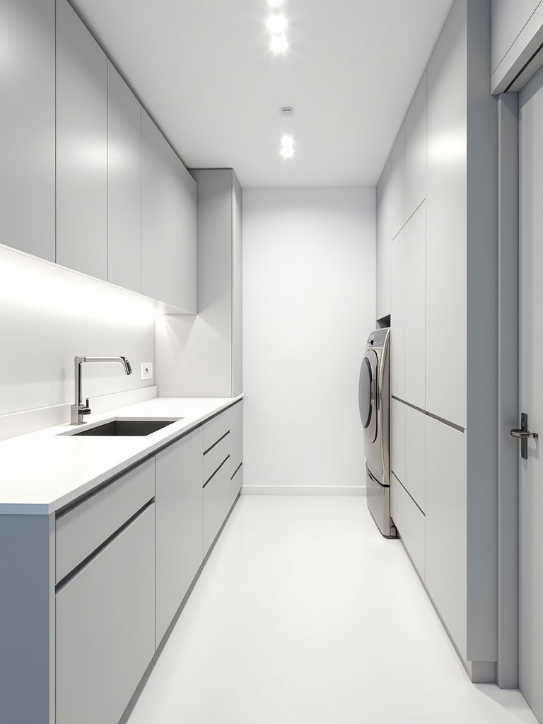 Ultra-modern minimalist laundry room featuring a white countertop with sink, handleless white cabinets, light gray walls, and stainless steel appliances, emphasizing clean lines and uncluttered surfaces.