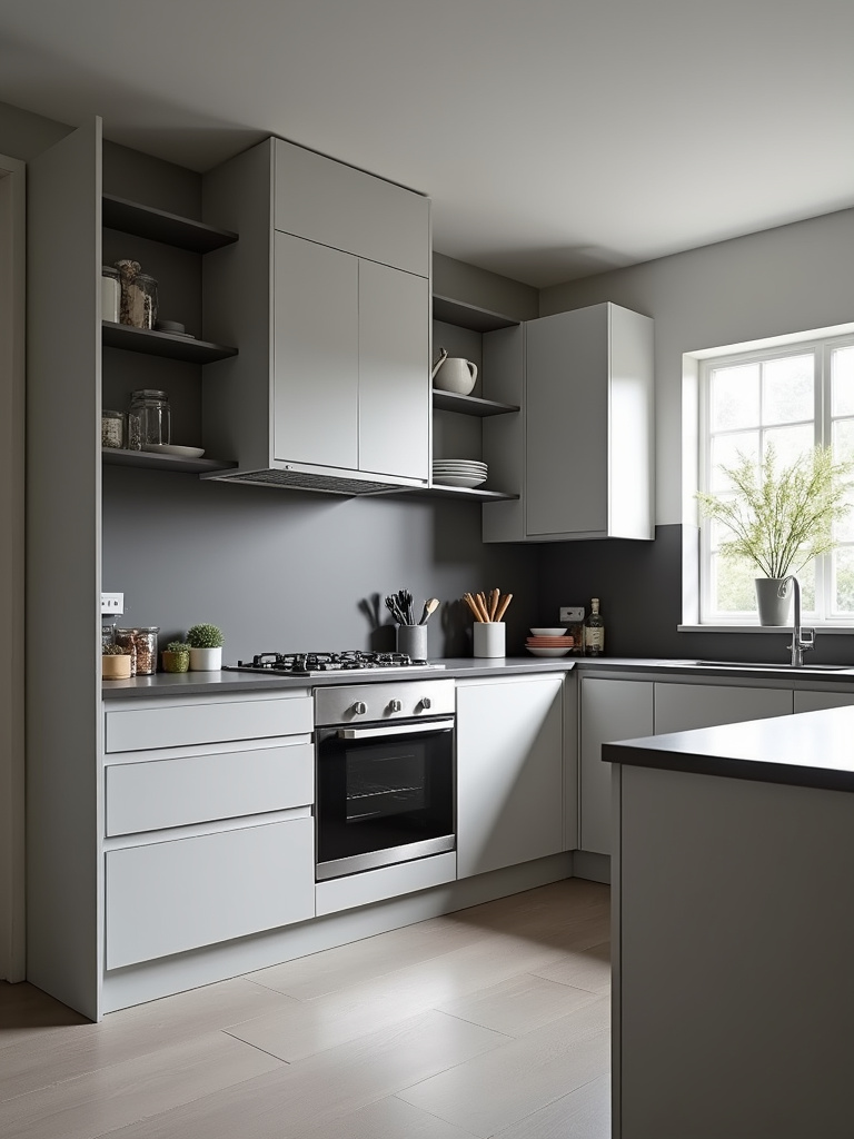 Contemporary kitchen featuring a sophisticated monochromatic grey color scheme.