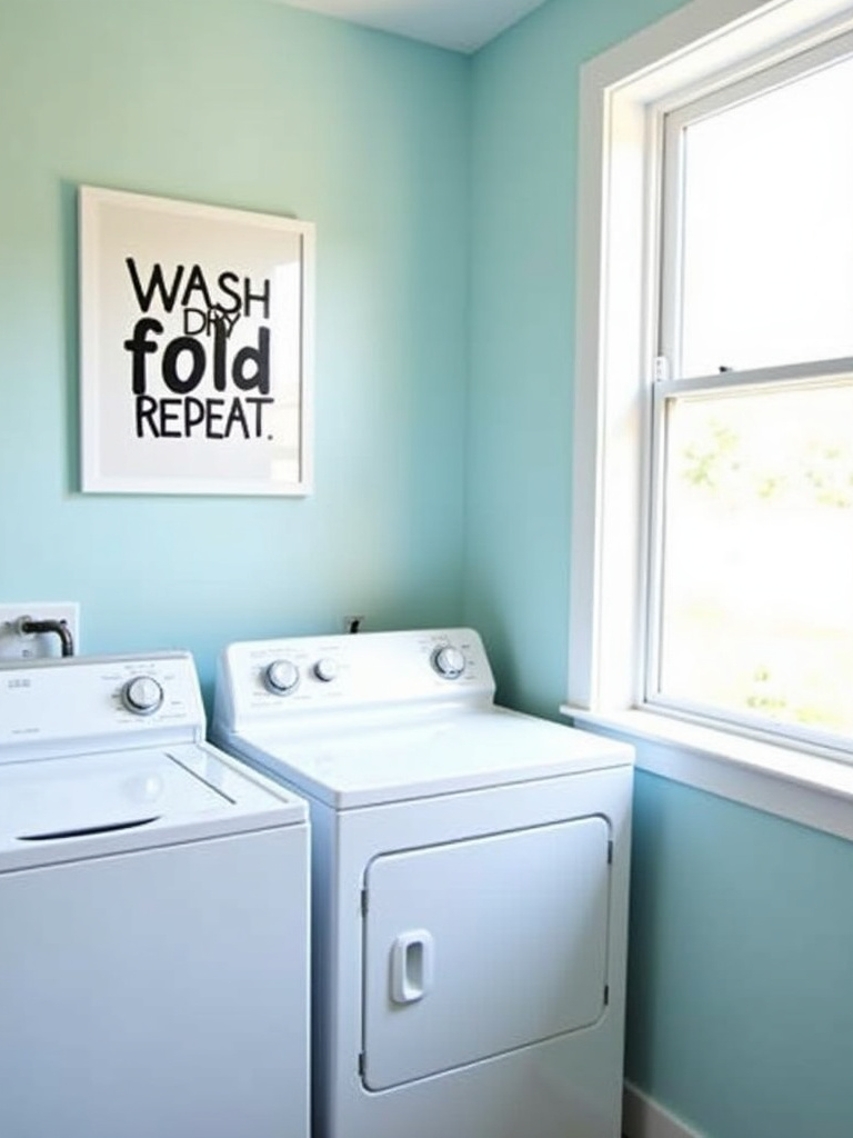 Cheerful laundry room with framed “Wash Dry Fold Repeat” typography art on a light blue wall above a white washer and dryer.
