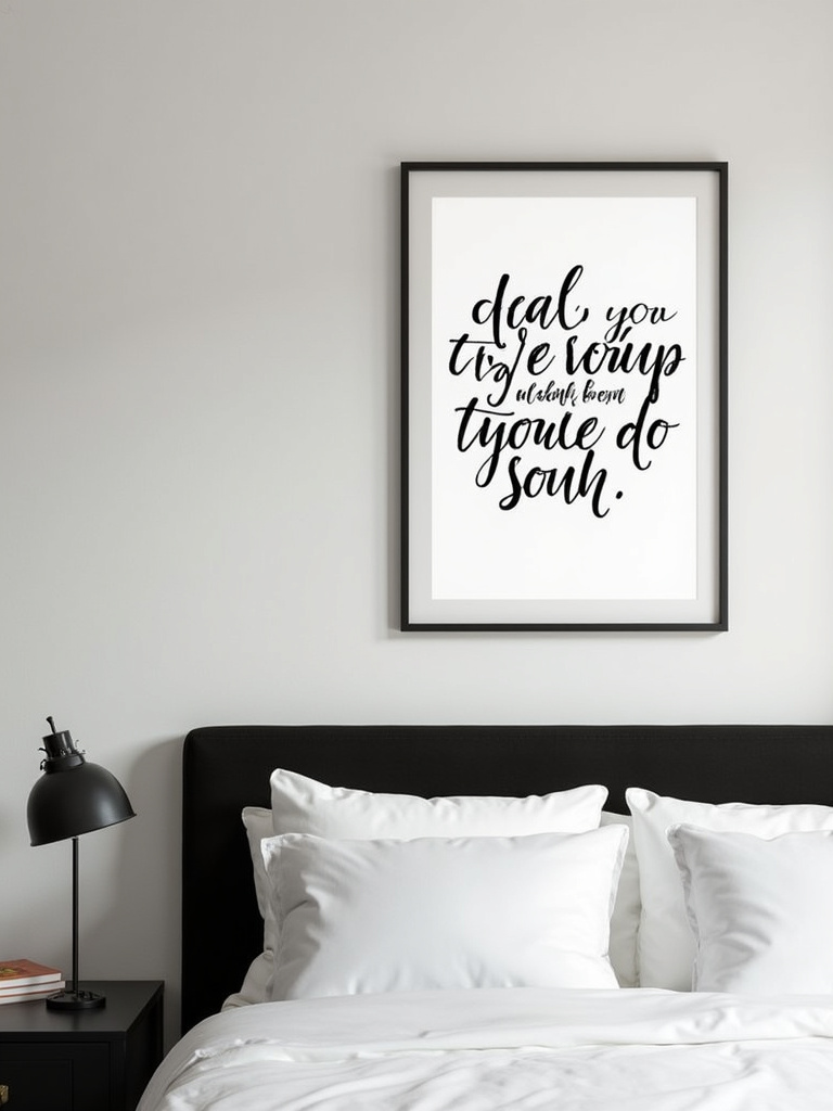 Modern minimalist bedroom featuring a framed motivational quote print with black typography on a white background hanging above a bedside table, illuminated by soft, even light.