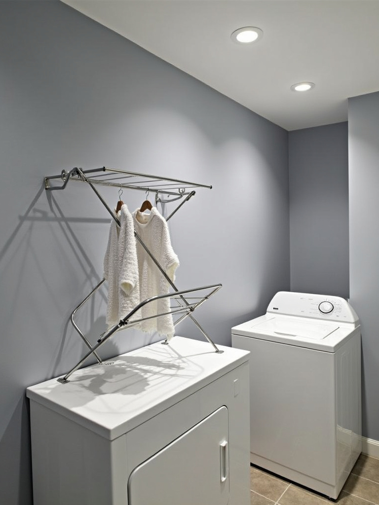 Modern laundry room with a wall-mounted accordion drying rack partially extended, holding clothes.