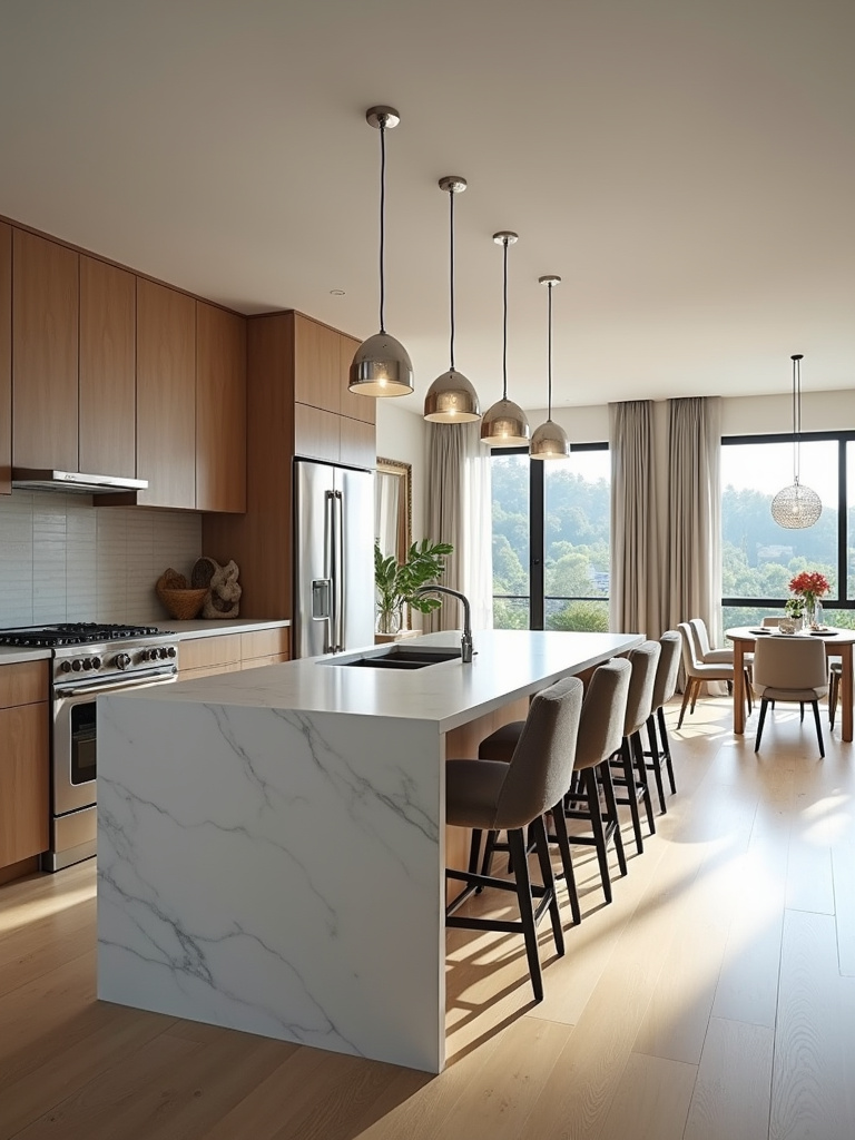 Contemporary multi-functional kitchen with open-concept layout, incorporating cooking, dining, and socializing zones.