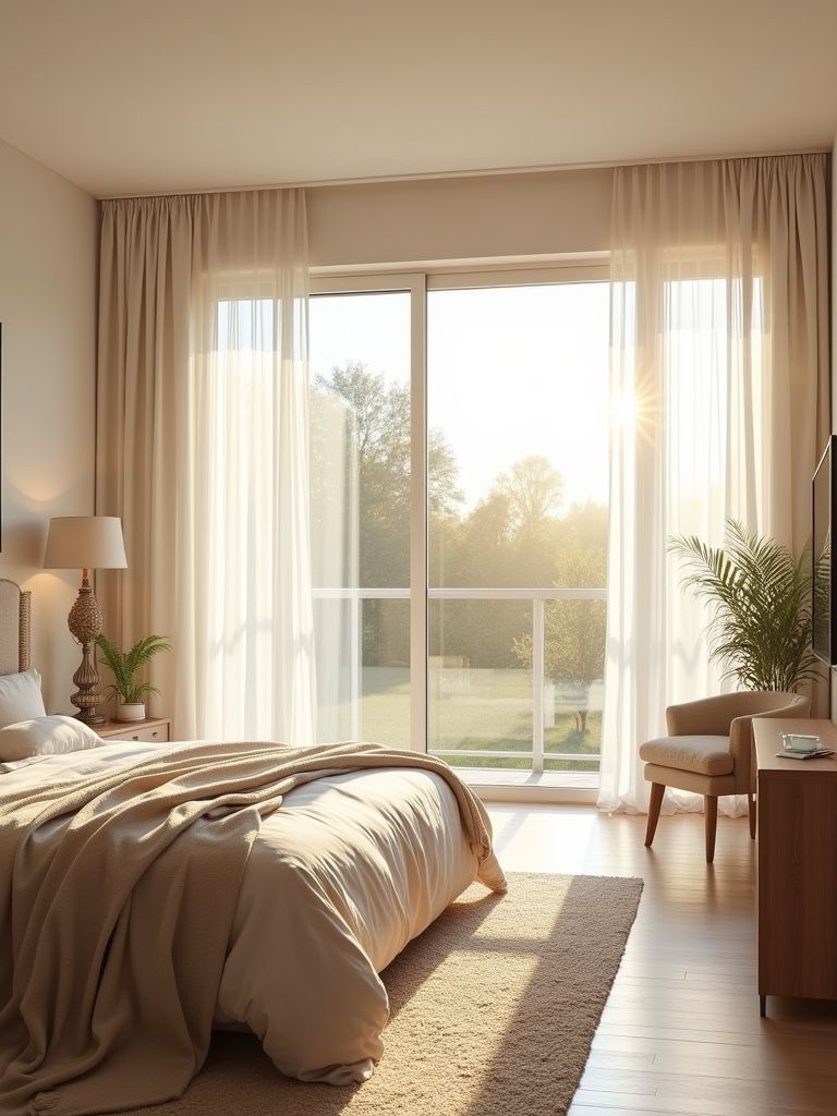 Sunlit bedroom with large windows, maximizing natural light and complemented by strategically placed artificial lights.