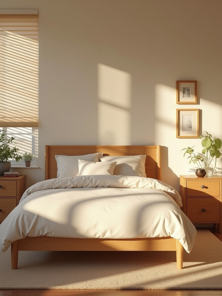 “Beige bedroom featuring natural wood furniture and accents to add warmth and organic texture to the neutral space.”