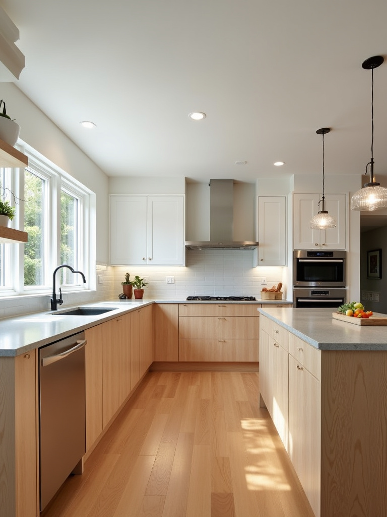 Contemporary kitchen with natural white oak wood cabinetry adding warmth and organic texture.