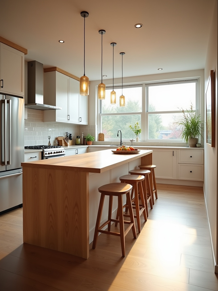 Modern kitchen with light wood island countertop and white cabinets, warmed by natural wood accents.