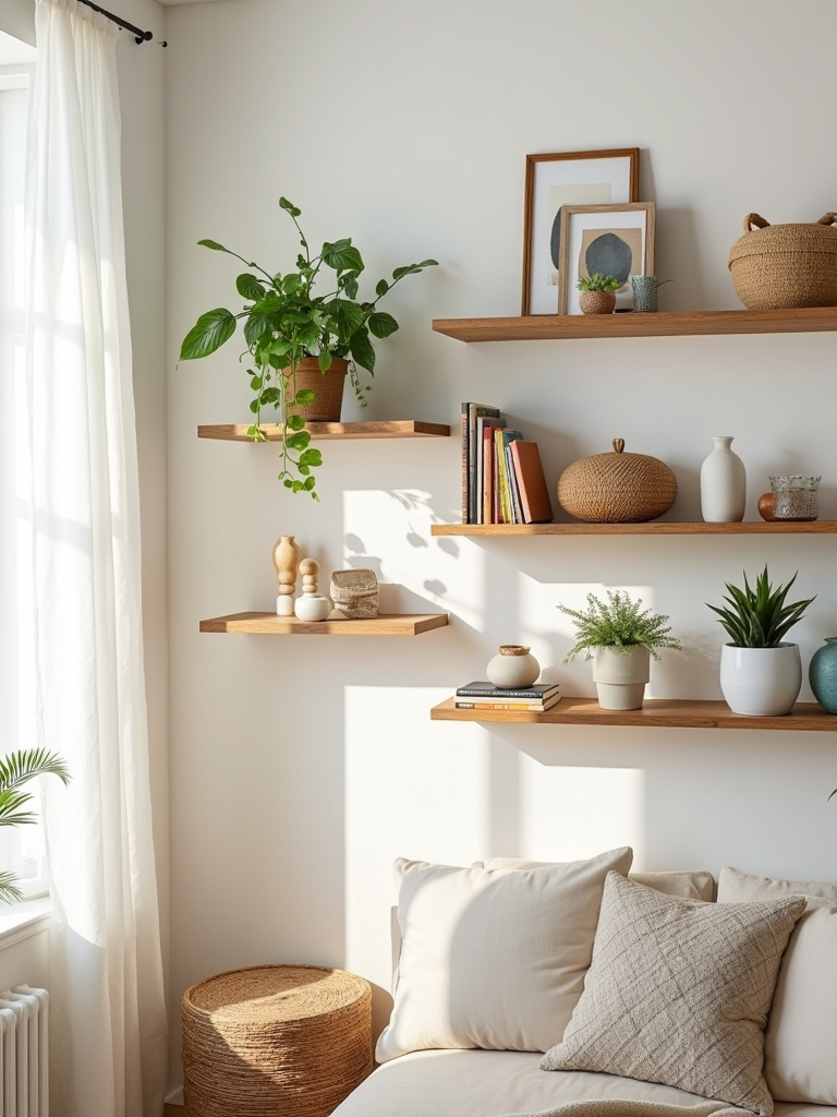 Boho living room wall with natural wood shelves displaying plants, books, and decorative boho accents.
