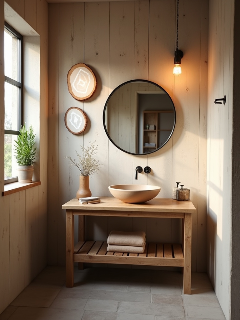 Set of three wood slice art pieces with painted white geometric patterns above a wooden vanity in a cozy rustic bathroom.