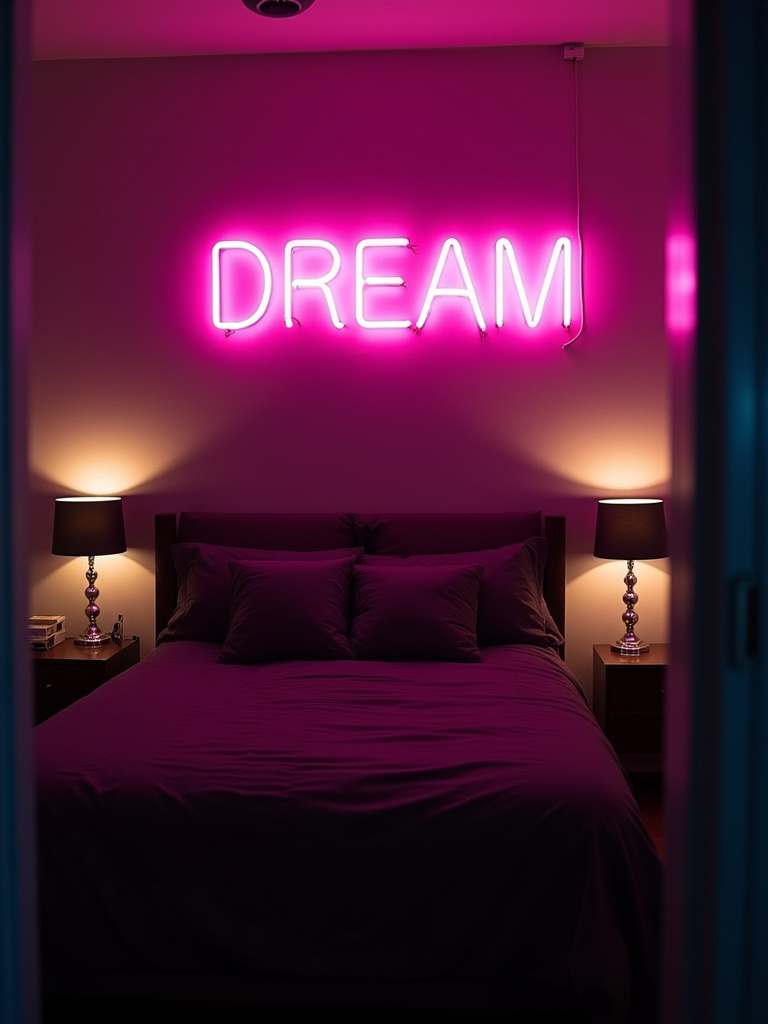 Modern urban bedroom with a bright pink neon sign spelling ‘DREAM’ hanging above a bed with dark bedding, illuminated by the neon glow and soft lamplight.