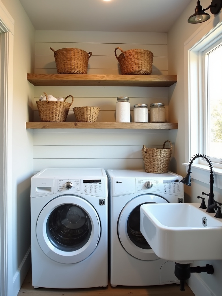 Farmhouse laundry room with open wooden shelves and woven storage baskets.