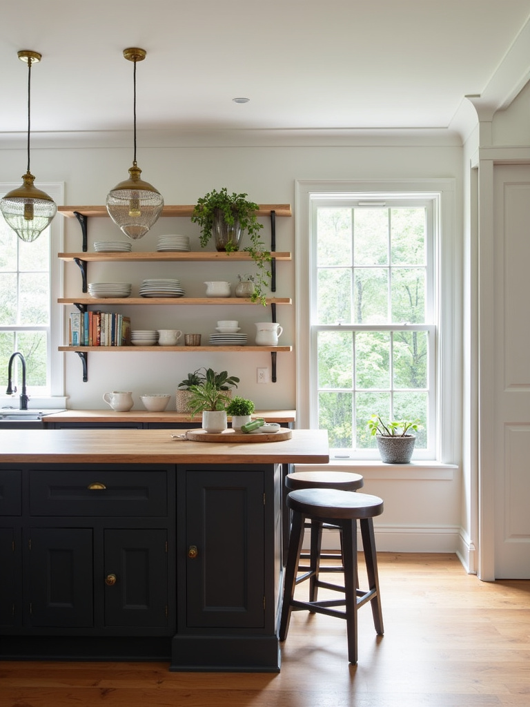 Airy kitchen featuring a black kitchen island with open shelving displaying white dishes, cookbooks, and plants.