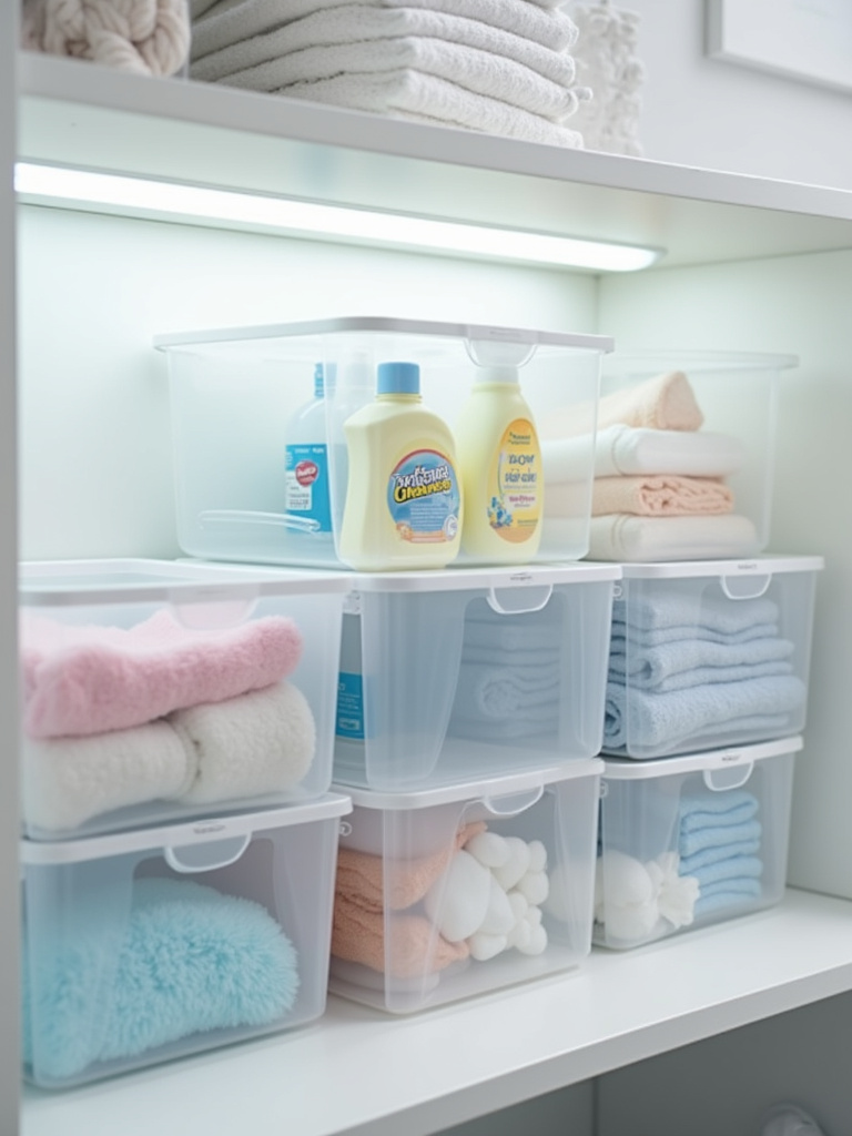 Clear plastic storage bins on laundry room shelves, filled with various laundry supplies.
