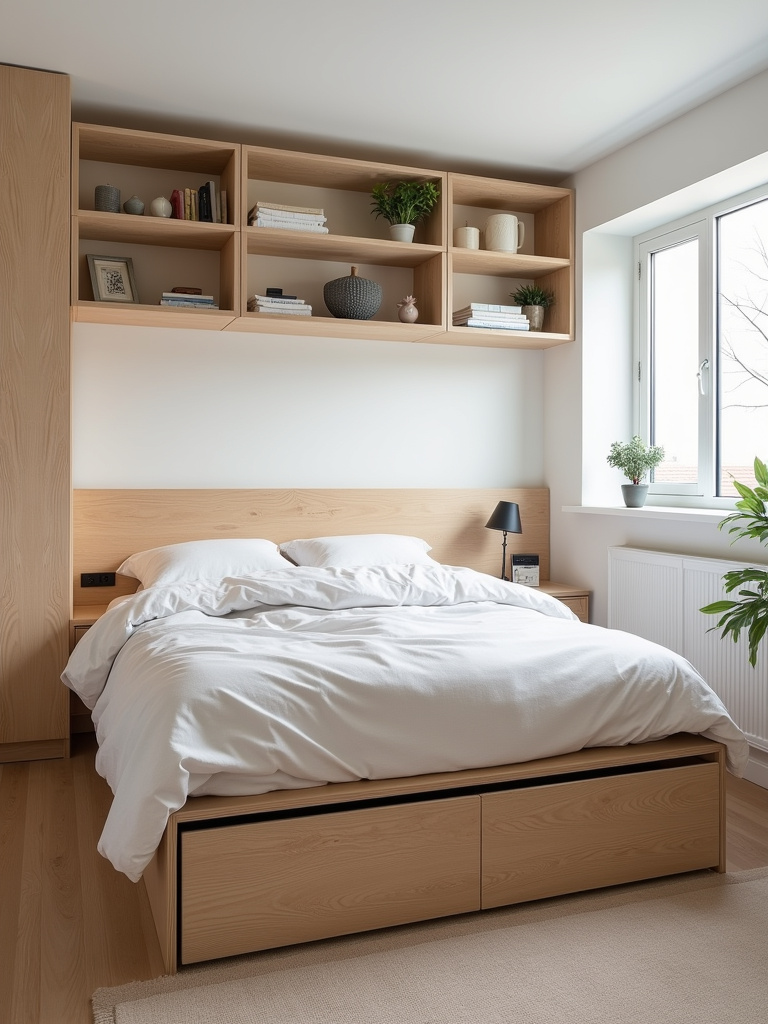 “Small, organized bedroom with multi-functional furniture including a storage bed and ottoman, maximizing space and storage.”