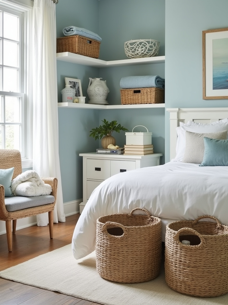 “Coastal style bedroom organized with decorative woven baskets, providing stylish storage solutions and minimizing clutter.”