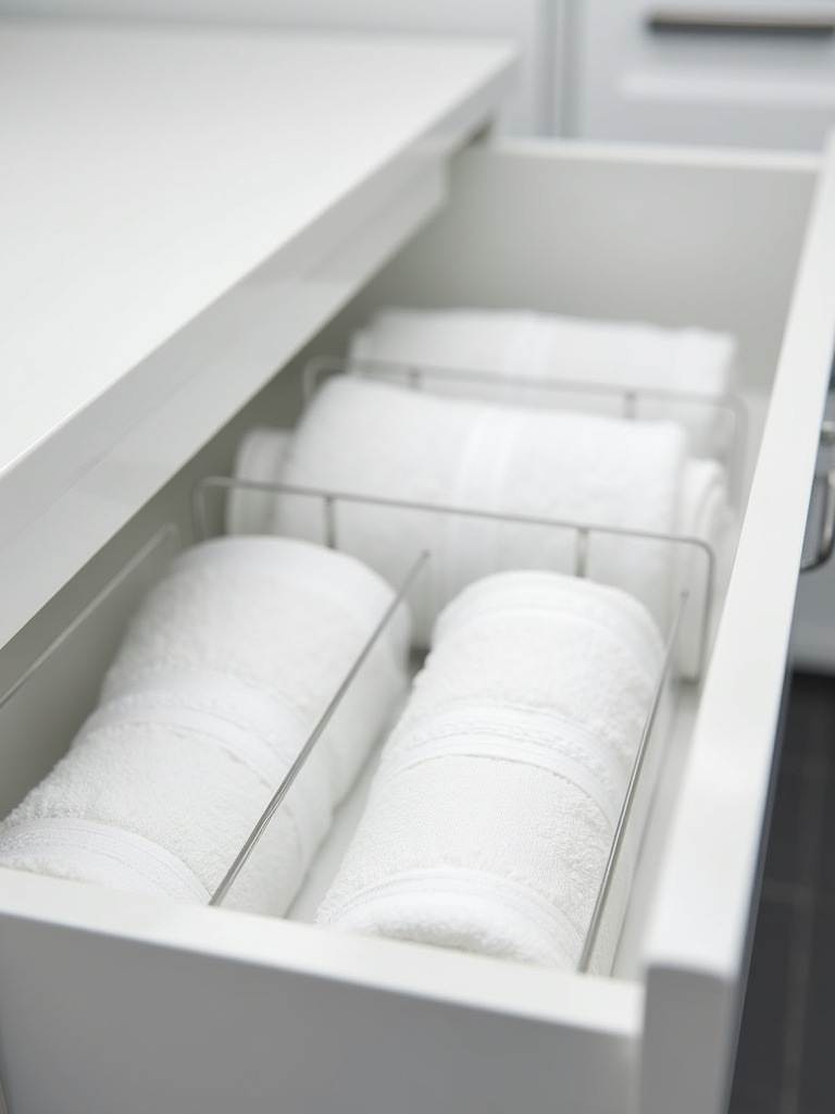 Open laundry room drawer with clear vertical dividers, organizing rolled towels and washcloths.