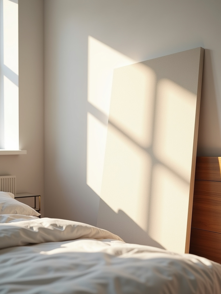 Minimalist bedroom interior with a large, colorful abstract canvas leaning against the wall behind a bed, bathed in soft natural light.