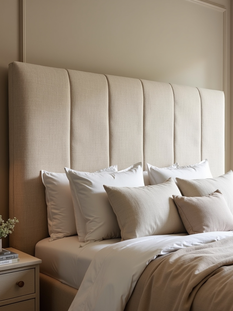 “Beige bedroom making a statement with an oversized beige upholstered headboard, adding drama and luxury to the neutral space.”