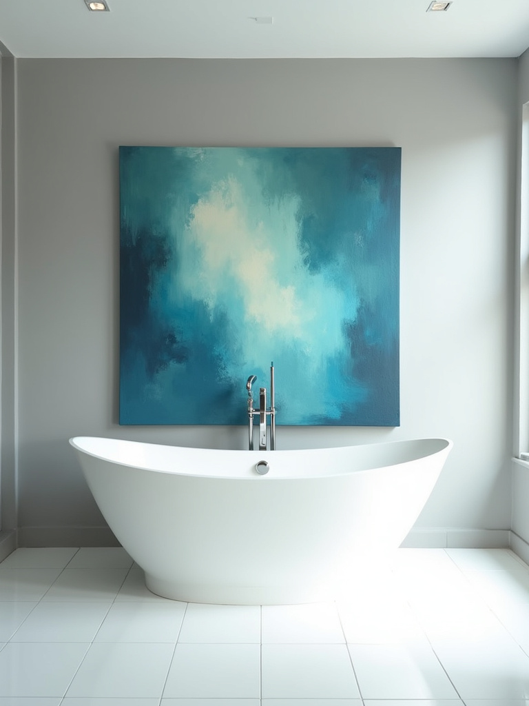 Oversized abstract canvas painting with blue and green hues hanging above a white freestanding bathtub in a spacious bathroom.
