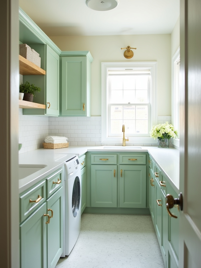 Cheerful laundry room with cabinets painted in soft sage green, brass hardware, white countertop, and subway tile backsplash, creating a fresh and inviting space.