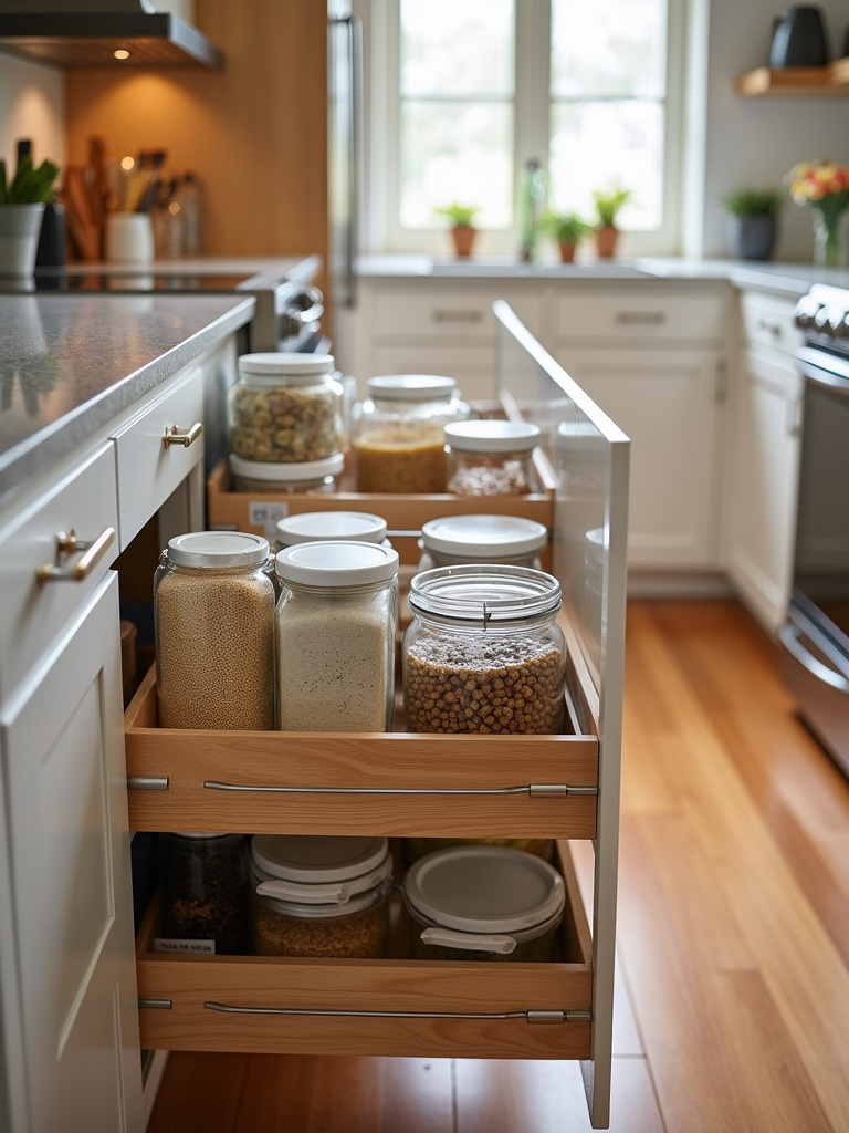 Organized pull-out pantry drawers in a contemporary kitchen, featuring clear containers and labeled jars.